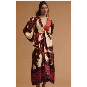 Anthropologie Eugenia Fernandez Maxi Wrap Dress Red Beige Floral Print V-Neck XL